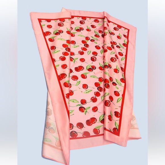 Pink Cherry Print Silky Feel Bandana Scarf - Picture 3 of 4
